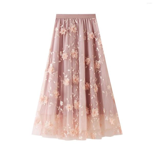 Saias 2023 Moda Long Tulle Casual Casual Canda Alta plataforma 3D Flor Bordado de cor sólida Senhoras MIDI STANGE