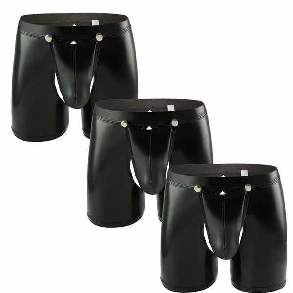 Mutande 3 Pz / lotto Sexy Intimo Uomo Boxer Front Pouch Aperto PU Leather Lingerie U Convex Boxer Shorts PVC nero Wetlook