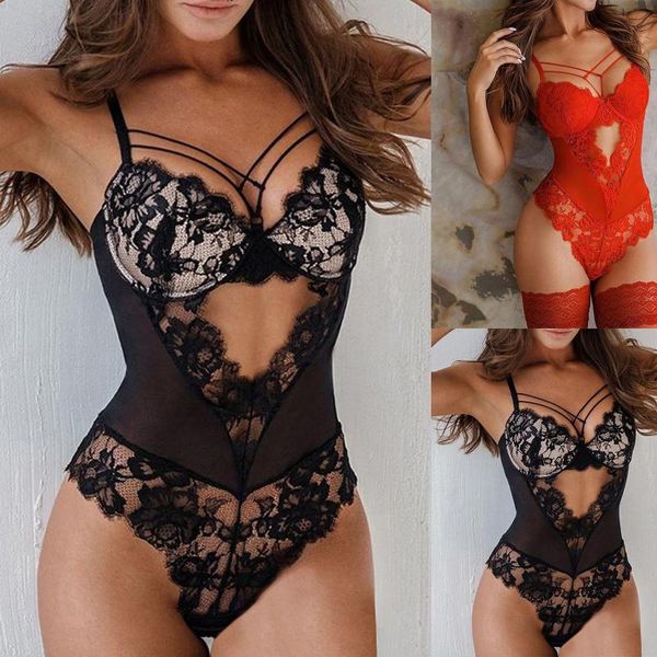 Abito da yoga Lingerie sexy Body da donna Cintura con ritaglio all'uncinetto Teddy ricamato con benda di garza Intimo Lenceria Para Mujer