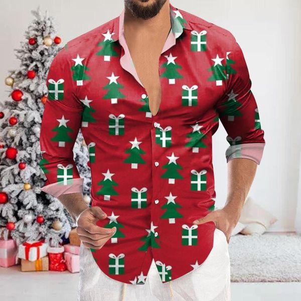 T-shirt da uomo T-shirt stampata casual Moda uomo Natale Stampa digitale 3D Camicia a maniche lunghe con bottoni sul risvolto per le vacanze Confezione rapida