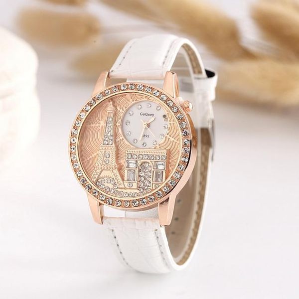 Relógios de pulso de alta qualidade marca Gogoey Brand Eiffel Tower Leather Watch Women Ladies Crystal Dress Quartz Go074 Hai