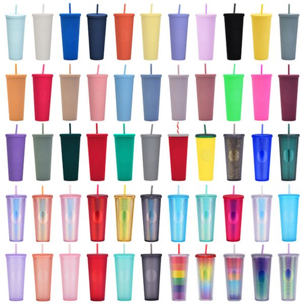 Pipetli Kupalar Çift Duvar DIY 710ml 24 oz Pastel Renk Plastik Plastik Durian Tumbler Toptan Kupalar Logo Yok