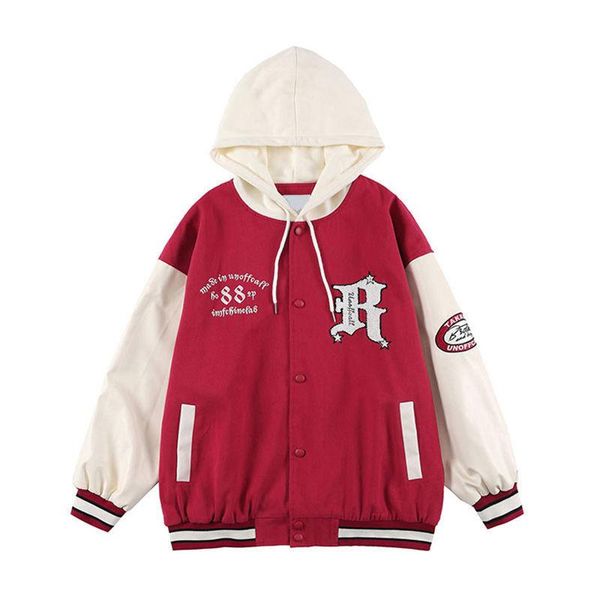 Herrenjacken Schwarz Rot Übergroße Vintage Varsity Jacke Männer Lederärmel mit Kapuze R Brief Embroid Dünne Retro Baseball Bomber Mantel Unifor