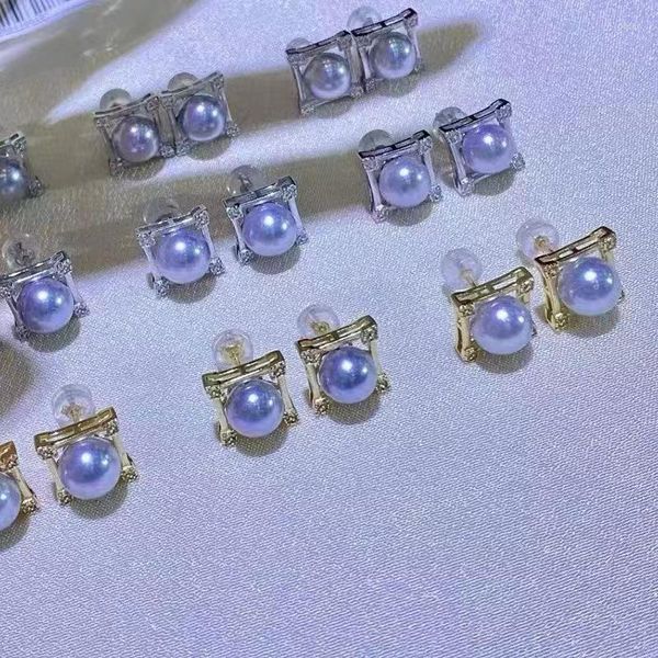 Saplama küpeleri Ry Pure 925 Sterling Gümüş Yuvarlak 7-8mm Tatlı Su Gül Altın İnciler Studs Kadın İnce İnci