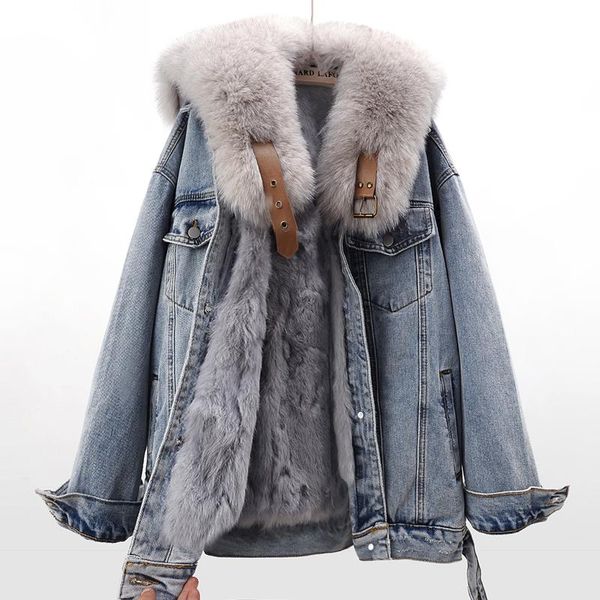 Jackets femininos 2023 Autumn Women Fur Navy Collar Denim Jacket feminino Winter Parkas coreano Jeans Vintage Ladies H1922