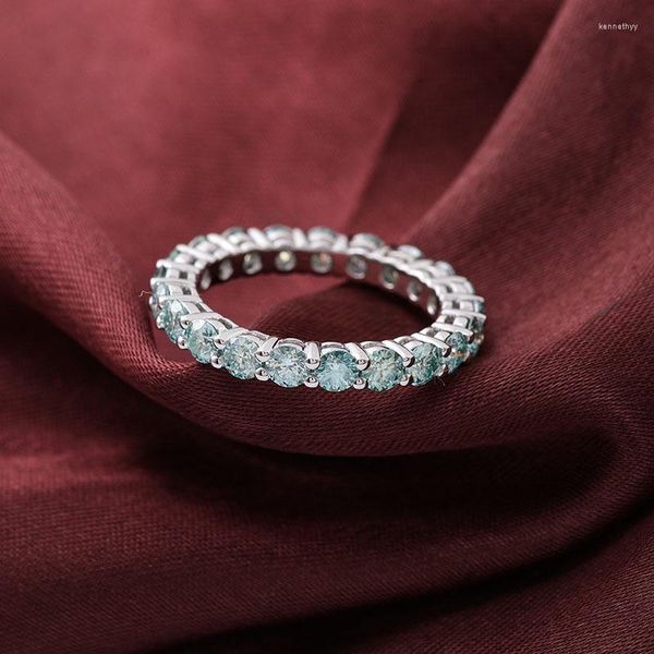 Cluster Rings Real 14k Gold Blue Green Moissanite Eternity Ring Women Женщины ювелирные украшения круглый vvs 3 -миллиметровый вариант обручальный кольцо