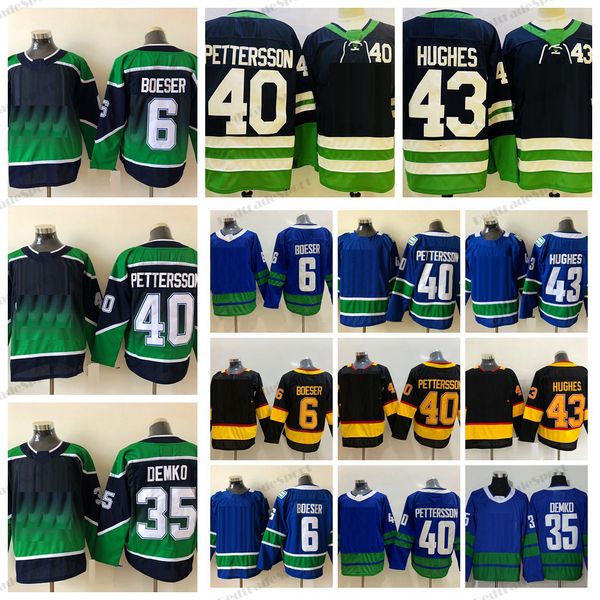 Mens 2023 Reverse Retro 2.0 Maglie da hockey 6 Brock Boeser 40 Elias Pettersson 43 Quinn Hughes 35 Thatcher Demko Stitched Blue Classic Black Gold Camicie