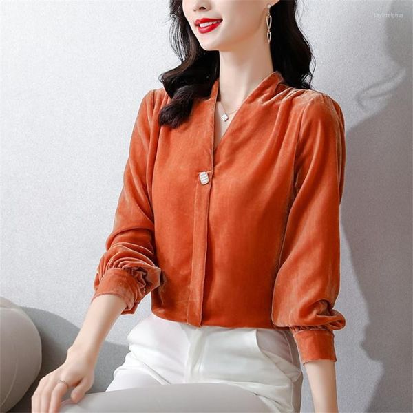 Женские блузки Женщины V-образные с длинным рукавом повседневная бархатная рубашка осень зимняя килограмма. Пуловые корейские клумбы Blusas Mujer de Moda 2023