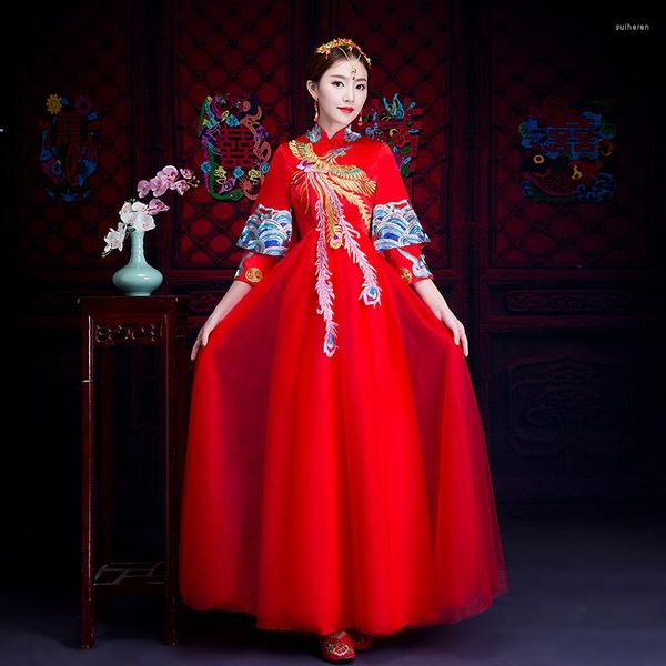 Abbigliamento etnico Moda Donna rossa Phoenix Ricamo Cheongsam Lungo Qipao Abito da sposa tradizionale cinese Abiti in stile orientale