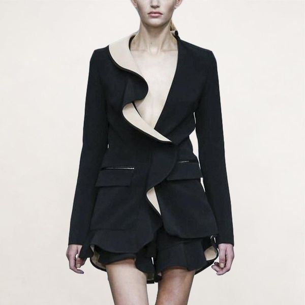 Kadınlar Suits Blazers 2023 Kış High Street Kadınlar Siyah Blazer Coat Pist Tasarımcısı Ruffles fermuar bayanlar sokak kıyafetleri palto giyim