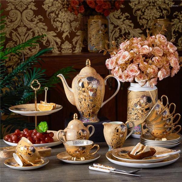 Placas Luxo Bone China China British Tea Cup Set Gustav Klimt Porcelana Coffee Celemic Bué Creamer Sugar Bowl Bowl Leite Jug Coffeeware