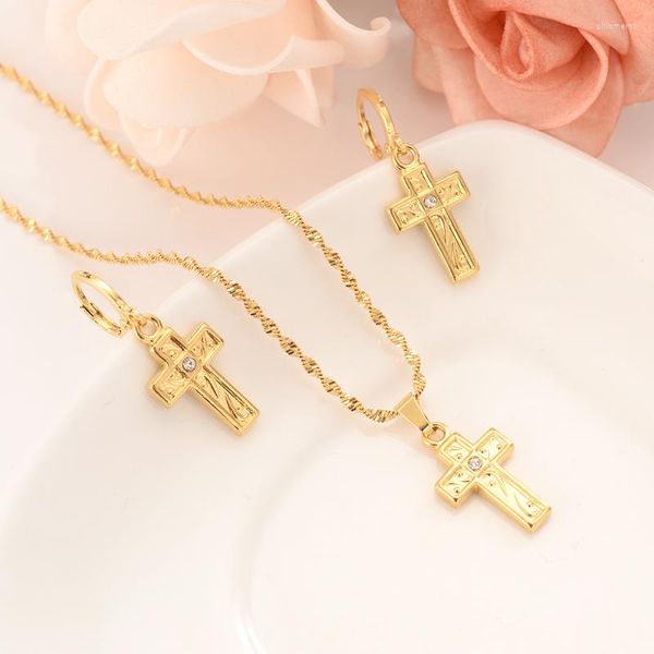 Halskette Ohrringe Set Gold Cz Kreuz Anhänger Kette Sets Schmuck Christian Für Frauen Mädchen Jesus Geschenke Souvenir