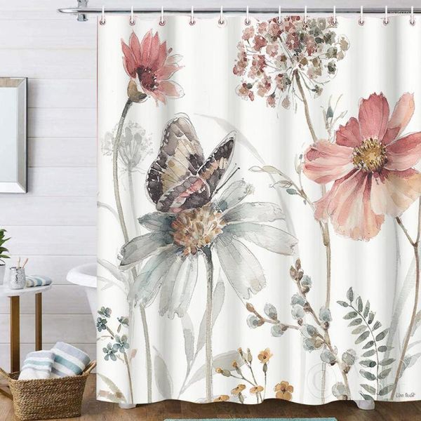 Vorhang, 180 x 180 cm, für Dusche, Retro-Tinte, Blumenmuster, Schmetterlingsmuster, waschbar, wasserdicht, Bad
