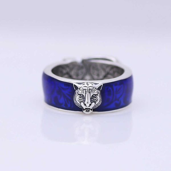 95% de desconto 2023 Novas jóias de moda de alta qualidade de luxo para esterling Silver Tiger Head Blue esmalte duplo fivela de fivela de fivela inserida anel de personalidade