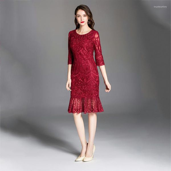 Vestidos casuais Roupas femininas Christmas Sexy Pullover Femme Red Wedding Party Lace Dress Plus Size Body Con Long 2023 Autumn Wintercas