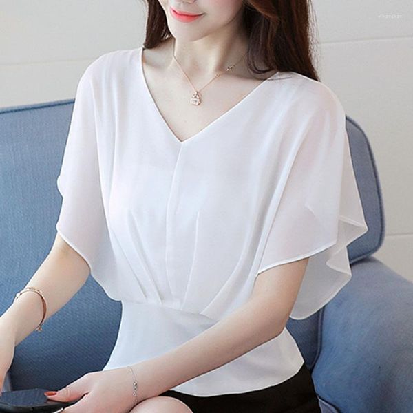 Damenblusen Koreanische Damenoberteile Weißes Hemd Bluse Modekleidung 2023 Kurze Rüschen Polka Dot V-Ausschnitt Hemden Chiffon 3097 50