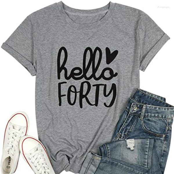 Damen-T-Shirts „Hello Forty“-T-Shirt für Damen, zum 40. Geburtstag, süßer Aufdruck, kurzärmelig, Grafik-T-Shirt, Tops, Damen, 40 Jahre alt, Kleidung, Mama-Geschenke