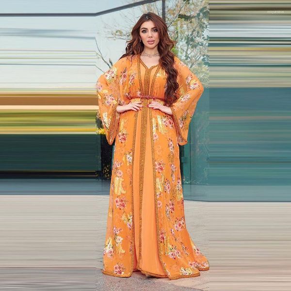 Ethnische Kleidung Chiffon 2-teiliges Set für Frauen Muslimischer Blumendruck Kaftan Offene Abaya mit Gürtel Langarm Türkei Eid Kleid Bedruckt Dubai