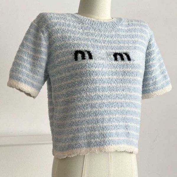 Maglia da donna in lana lavorata a maglia maglietta firmata lettera ricamo mezza manica T-shirt miu T-shirt a maniche corte a righe blu e bianche maglioni girocollo pullover