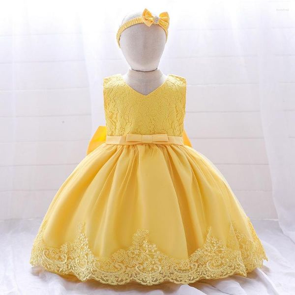 Vestidos de menina Banquete de casamento de flores Laca amarela para crianças Poucos de festas de festas de festas fofos de arco