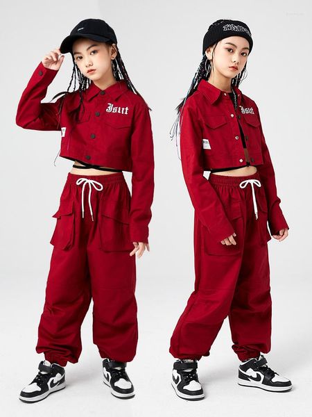 Stage Wear Ragazze Jazz Dance Costume Hip Hop Performance Abbigliamento Rosso Maniche lunghe Pantaloni cargo Navel Coat Kpop Kids Outfit BL9646