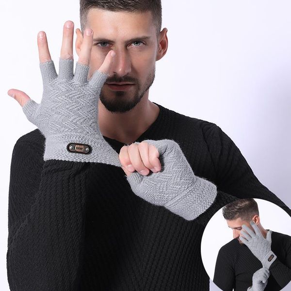 Fünf Finger Handschuhe Mode Winter Acryl Wolle Plus Plüsch Dicke Jacquard Stricken Warme Halbe Finger Fäustlinge Männer Voller Touchscreen C2