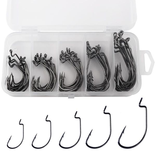 50pcs / 150pcs Fishhooks Worm Isca de isca de pesca de isca de cabeça com caixa de plástico tackles peca ganchos de aço carbono