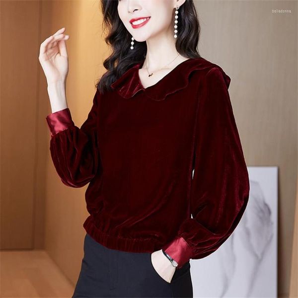 Женские блузки французского стиля винтажная блуза Винт красные черные бархатные вершины Женщины с длинным рукавом повседневная рубашка высококачественная мода Blusa
