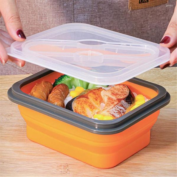 Dinnerware Define 600ml Silicone Lunch Box Recipiente de armazenamento Microwavable Bowl Picnic Retângulo de acampamento ao ar livre