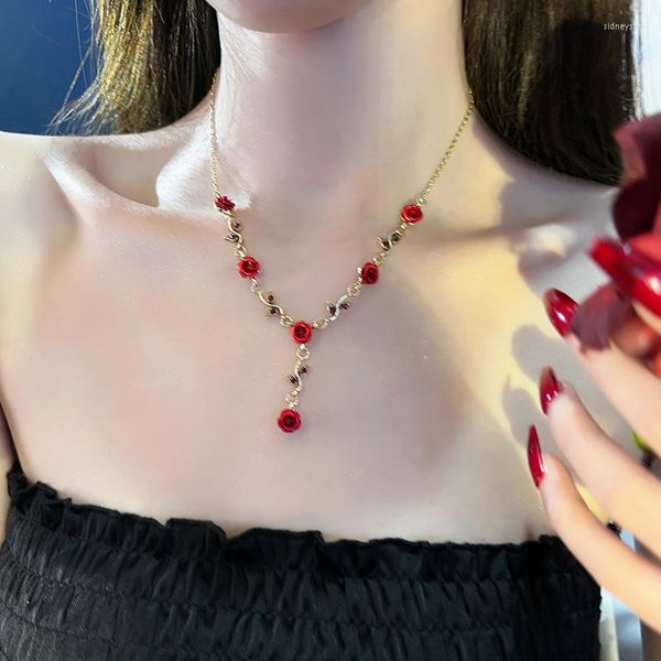 Halsband Französisch Vintage Rote Kristall Rose Blume Halskette Schlüsselbein Kette Anhänger Halsketten Für Frauen Collier De Roses