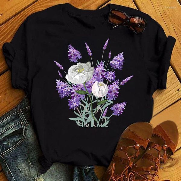 T-shirt da donna Bella t-shirt casual da donna stampata a fiori viola con fiori girocollo nera