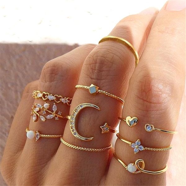 Boho Vintage Gold Farbe Mond Knuckle Ringe Set Für Frauen Kristall Stern Geometrische Weibliche Finger Ringe Schmuck