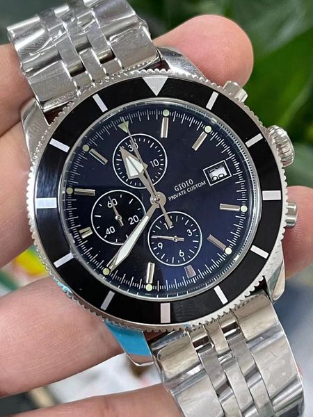 Armbanduhren Luxus Herren Quarz Chronograph Uhr Schwarz Blau Leder Stoppuhr Edelstahl Leuchtendes Saphir Weißes Zifferblatt