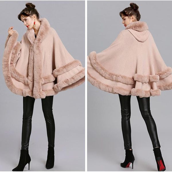 Cappotto da donna in pelliccia sintetica a doppio strato di lusso Rex Mantella con cappuccio Scialle invernale da donna in maglia con poncho in cashmere Plus Size