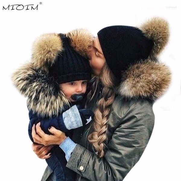 Gorros -gorros/crânio tampa mioim inverno chapé de mombaby bola de peles faux tap bebê meninas meninas quentes pom chapéu de chapéu gentil feminino bron -knit skullies