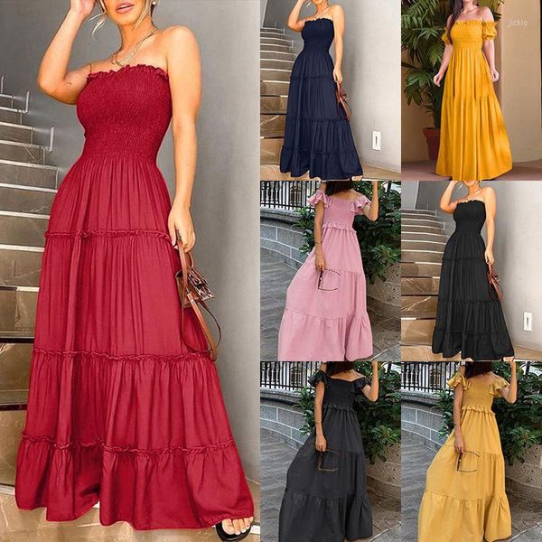 Vestidos casuais mulheres vestido primavera banquete de verão solto na cintura alta costura de temperamento longo tubo de temperamento sólido cor grande pêndulo