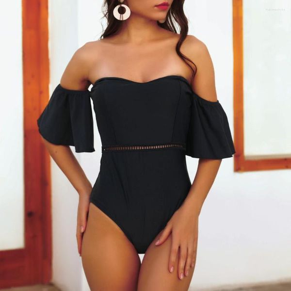 Costumi da bagno femminile sexy costume da bagno nero femminile per donne bandeau arruffone fuori spalla alta costume da bagno in alto 2023 un pezzo nuoto