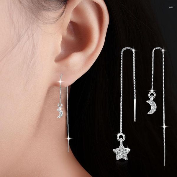 Dangle Ohrringe 925 Silber Pave CZ Moon Star Langketten Threader für Frauen Mädchen