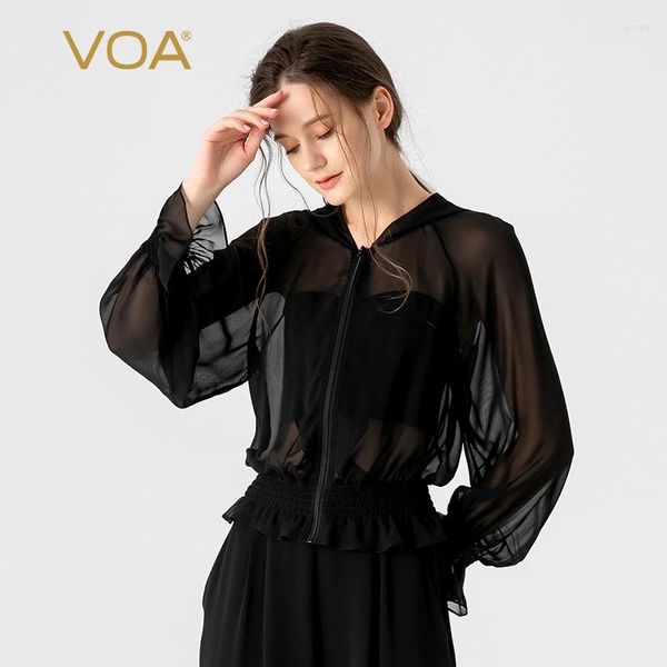 Женские куртки voa silk georgette black -капюшона на воротничках Женская флэки с длинным рукавом офис засвистер дамы простые модные тонкие пальто шикарно