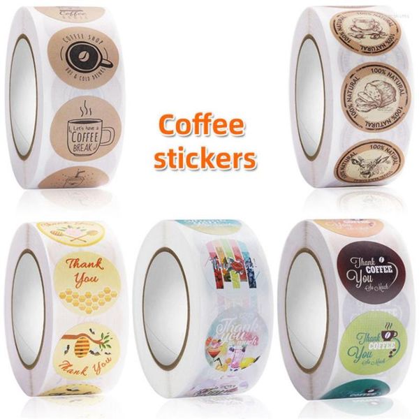 Geschenkverpackung 500pcs/ Roll Coffee Sticker Runde Dankesaufkleber -Etikett für Ladenmilch Tee Tassen Flaschen Backwaren Packung Geschäfte