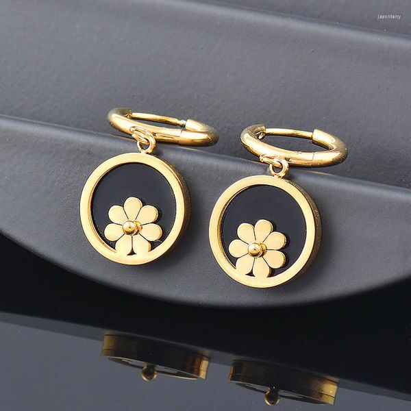 Baumelnde Ohrringe KIOOZOL 316L Edelstahl Blumen Tropfen Für Frauen Schwarz Acryl Hoop Gold Farbe Zubehör Schmuck 962 KO6