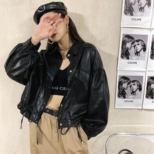 Damenjacken Oberbekleidung Korea Mode Blase Ärmel Jacke Pu Leder Casual Frauen Kurzmantel Herbst Trend Streetwear Punk