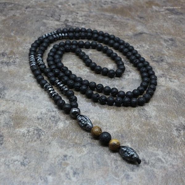 Collane con ciondolo Fashion Design Black Hematite Collana con perline intagliate da uomo