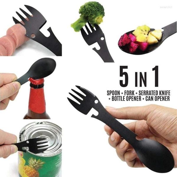 Set di stoviglie 5 IN 1 Campeggio all'aperto Acciaio inossidabile Multifunzione Cucchiaio Forchetta Stoviglie Stoviglie Coltello da taglio da picnic Apribottiglie