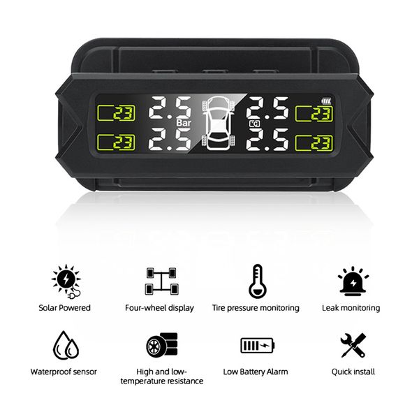 TPMS Auto Auto Drahtlose Reifendruckkontrollsystem Solar USB Ladeleistung Digitaler Alarm TPMS Sensor Extern Intern