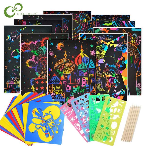 Волшебный цвет радужный царапина набор бумажных карт с трафаретом граффити для рисования палка Diy Art Draw Toy
