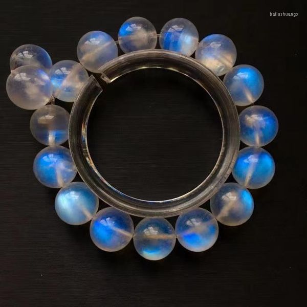 Bracciale con perline di cristallo di pietra di luna naturale blu chiaro, da 12,6 mm, elasticizzato, rotondo, trasparente, da donna e da uomo