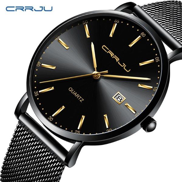 Нарученные часы 2023 Crrju Classic Business Black Mesh Belt Fashion Quartz Watch Men Top Waterpronation Relogio Masculino Drop Ship