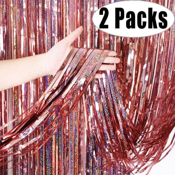 Украшение вечеринки 2pack Rose Gold Laser Metallic Foil Fringe Shimmer Fackrop День рождения Свадебная стена Взрослая годовщина 30 -й 40 -й