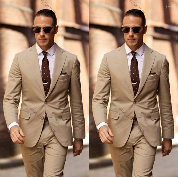 Erkek Suits Khaki Damat Smokin 2 Parça İnce Fit Erkek Düğün Prom Partisi Günlük Adam Terzi Yapım Damat Takım İş Giyim